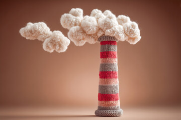realistic studio photo of an industrial factory chimney made of grey and red chunky wool yarn with white knitted smoke clouds on brown background