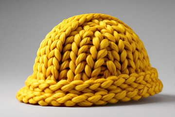 realistic studio photo of a safety hard hat made of bright yellow chunky wool yarn depicting cozy construction and safety concept on grey background