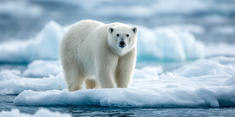 polar bear standing on ice floe in arctic ocean with melting icebergs and blue water
