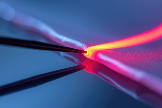 A close-up image of a bright orange glowing tip at the end of a glass tube being manipulated with metal tweezers against a smooth blue background.