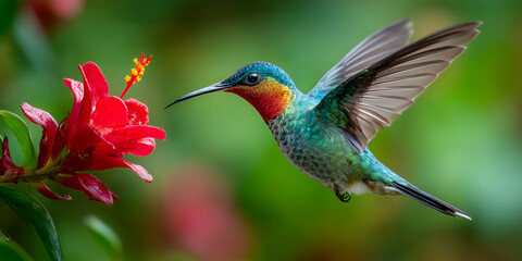 Fototapeta premium macro of hummingbird hovering and feeding on red flower in tropical garden with blurred background