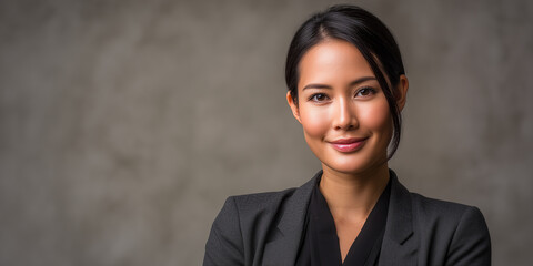 confident asian business woman with professional smile wearing charcoal grey suit on neutral beige studio background portrait