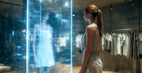 Young woman using a smart mirror for virtual clothes fitting with augmented reality technology in a modern fashion retail store