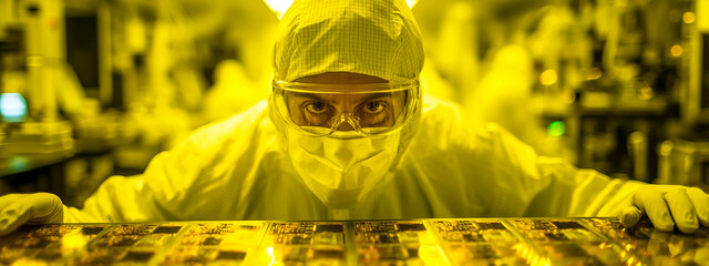 Professional technician in a sterile cleanroom working on semiconductor wafer production for advanced computer microchip manufacturing industry