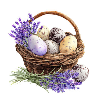Rustic woven basket filled with speckled purple Easter eggs and fragrant lavender sprigs. Watercolor clipart isolated on a transparent background for holiday cards and spring decorations.