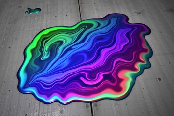 Fototapeta premium A colorful, iridescent oil spill on a concrete surface exhibiting vibrant swirling patterns of green, blue, purple, and pink hues.