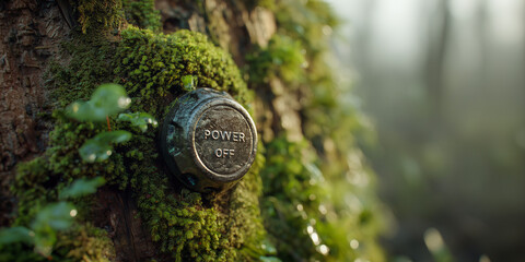 mechanical power off button on tree trunk in misty forest conceptual digital detox and nature rest