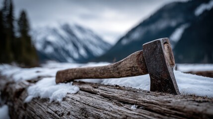 Old rustic axe embedded in a fallen log in a snowy mountain landscape