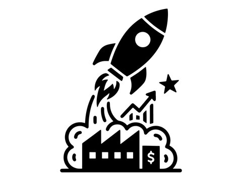 Black Silhouette Icon of Rocket Launch for Business Startup and Innovation