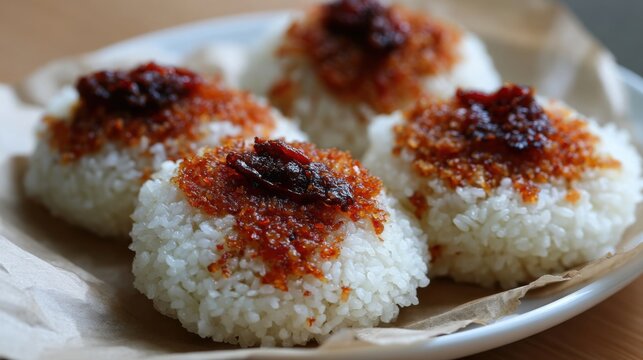 Fluffy Steamed Lemper Rice Cakes with Savory Topping on a Plate