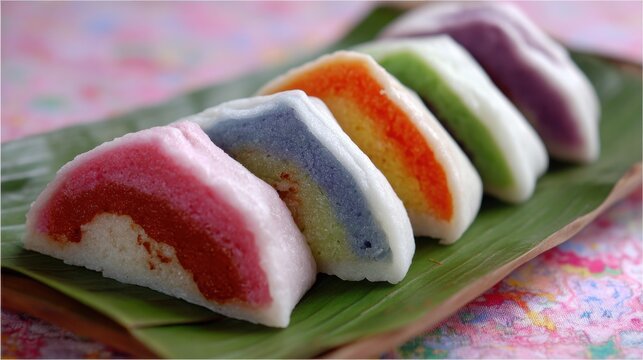 Colorful Kue Putu Bambu Steamed Rice Flour Cakes Arranged on Banana Leaf