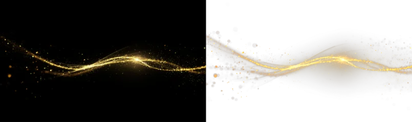 Fotobehang Goud Golden swirling brush strokes with glittering ornamental patterns, elegant hand-drawn calligraphy, festive metallic elements, and luxury abstract curves  overlay gold dust png  © Alehandro