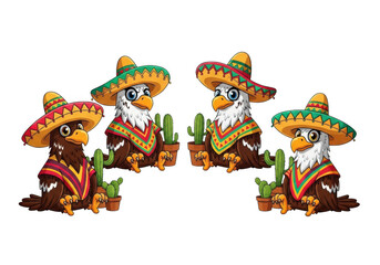 Fototapeta premium Four pixelated bears in sombreros and serape sitting with cacti