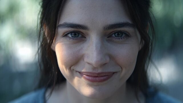 Smiling adult woman holding steady gaze while camera focusing in shaded park, dappled light