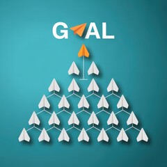 Orange paper plane leading a group of white paper planes towards a goal on blue background