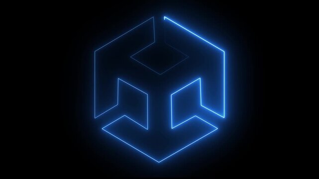 Unity icon animation by blue color on black background. 3d modeling, isometric cube with axes. BIM Technology Icon Ideal for Building Information Modeling and Architecture. 4k 
