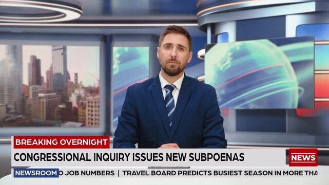 Static Medium Shot of Male News Anchor Delivering Breaking Political and Economy Headlines on Bipartisan Legislation, Market Recovery. TV Mockup Broadcast Playback, Studio Screen Replacement.