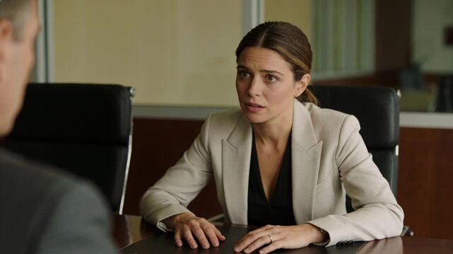 Leaning woman seeking clarification after colleague comment at meeting room with pen in blazer