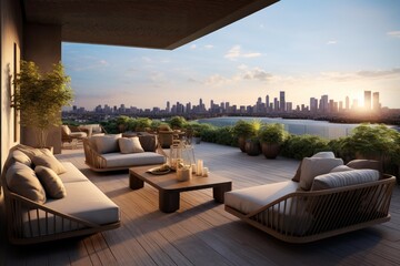 Fototapeta premium Outdoor rooftop patio with modern design and city skyline views creating an urban lifestyle ambiance