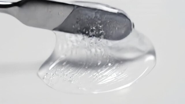 Clear cosmetic gel with tiny silver glitter particles being spread and tested with a metal spatula on a white surface macro shot laboratory research beauty product texture.