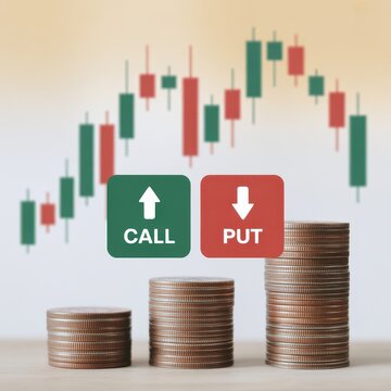 Binary options trading concept with stacks of coins and candlestick stock market chart