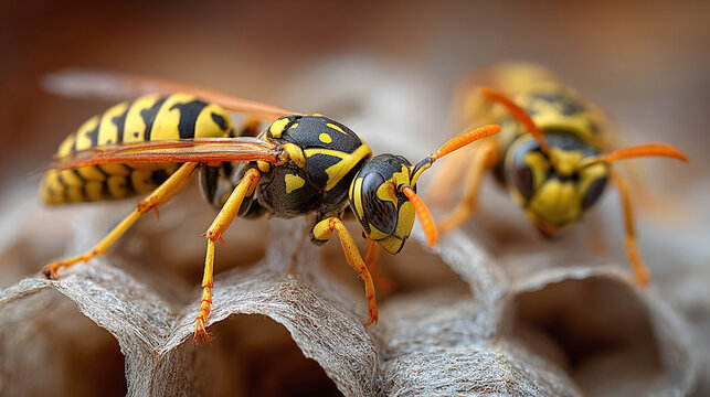 macro close up of two wasps polistes gallicus on paper nest with larvae insects yellow black stripes colony building honeycomb structure wildlife insecta nature