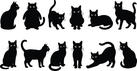 Cat silhouettes collection, feline poses, sitting, standing, walking, stretching, pet icons, animal design – flat vector illustration © TOMSINA