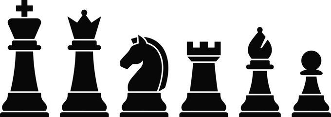 Chess piece silhouettes collection, king, queen, knight, rook, bishop, pawn icons, strategy game symbols – flat vector illustration © TOMSINA