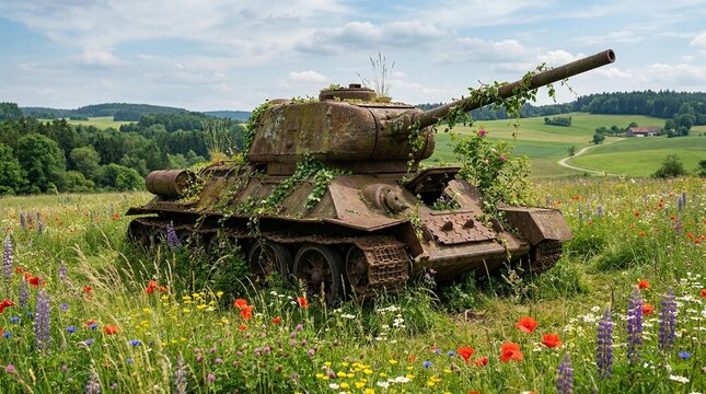 Abandoned Rusty Tank in Flower Meadow Nature Reclaiming War