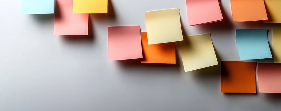 row of pastel sticky notes scattered along a white surface with soft shadows, minimalist playful and creative mood