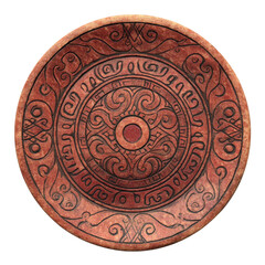 Fototapeta premium Hand-carved brown wooden decorative plate with intricate tribal patterns isolated on Transparent Background