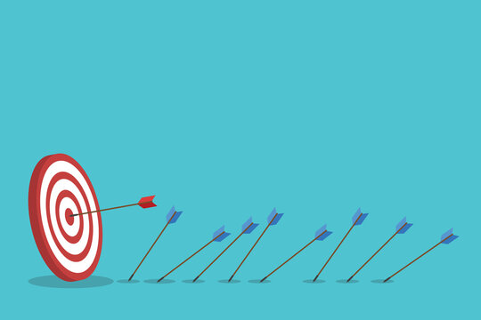 Business Target Success Concept Vector Illustration, Arrow Hitting Bullseye and Missing Arrows, Goal Achievement Strategy, Marketing Performance, Leadership Focus, Investment Growth Concept