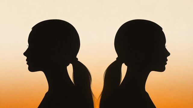 Settling 2 women profiles with low ponytails mirroring on warm gradient, motion blur fading