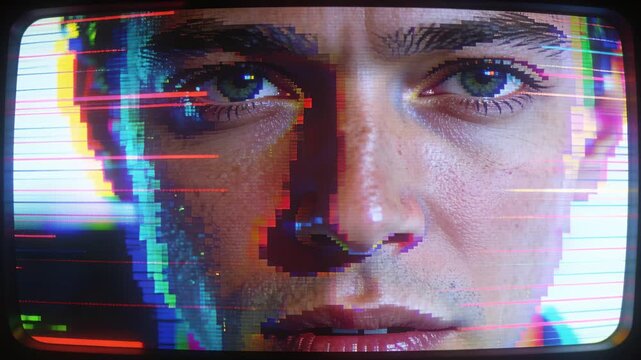 Displaying adult male face on CRT TV, colored scan lines appearing and pixel blocks sliding left