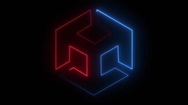 Unity icon animation by blue and red color on black background. 3d modeling, isometric cube with axes. BIM Technology Icon Ideal for Building Information Modeling and Architecture. 4k 