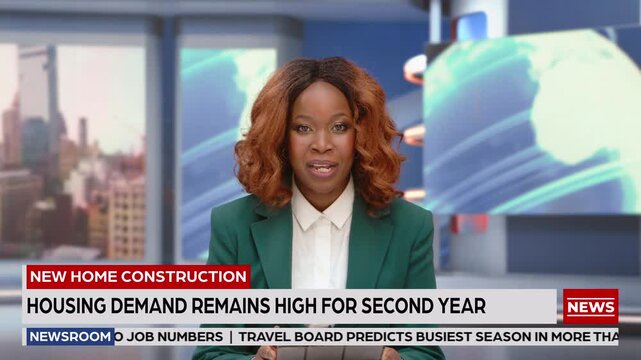 Black Female News Anchor Delivering a Housing Market Segment on New Home Construction. Ticker Cycles Maret Information. TV Mockup Broadcast Playback, Studio Screen Replacement.