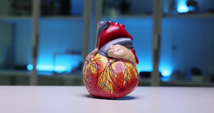 Anatomical model of heart stands on table showing detailed chambers and vessels. Heart model occupies visible place on desk for teaching purposes