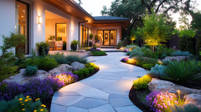 Modern Outdoor Landscape with Natural Slate Paving and InGround Path Spotlights