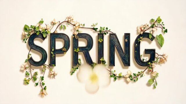 Blooming spring text animation with floral elements and leaf movements