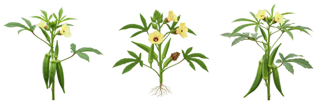 Set of Okra Plants Abelmoschus Esculentus with Yellow Flowers and Green Pods Isolated Transparent Background PNG