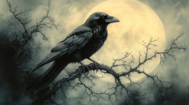 black raven perched on a twisted bare branch before a glowing full moon, leafless trees and mist creating an eerie, haunting night scene