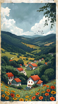 Idyllic European countryside village nestled in lush green rolling hills under clouds