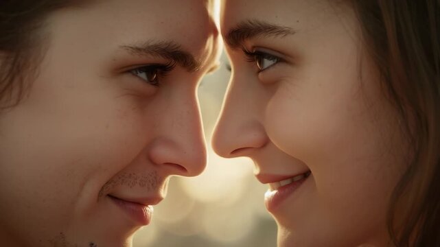 Pressing foreheads, couple sharing affection, holding gaze in golden light with stubble, bokeh