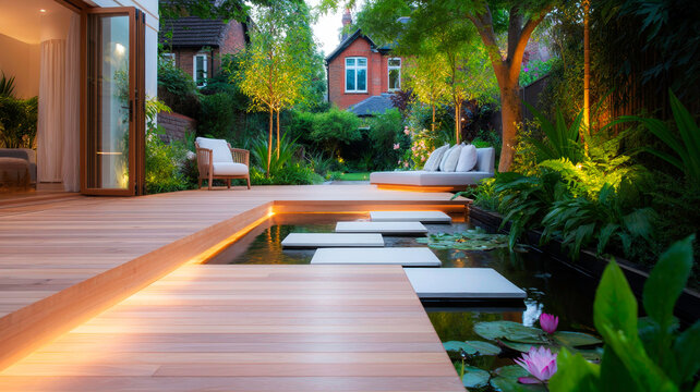 Modern Outdoor Living Space with Light Timber Decking and Hidden LED Strip Lights