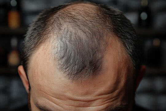 close-up of balding man's scalp and forehead with receding hairline and deep wrinkles, head tilted down in a pensive mood