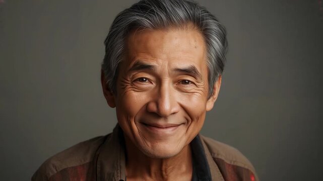 Smiling senior Asian man squinting, smiling as camera recording, plaid shirt dark tee gray backdrop