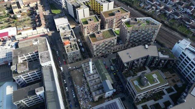 Aerial view of The Old Vinyl Factory in Hayes, Hillingdon, redeveloping EMIs historic music site into modern housing.
