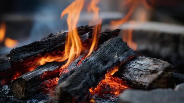 Campfire Flames: Close-up of a warm and inviting campfire, with glowing embers and dancing flames illuminating the charred wood, creating a cozy and rustic atmosphere.