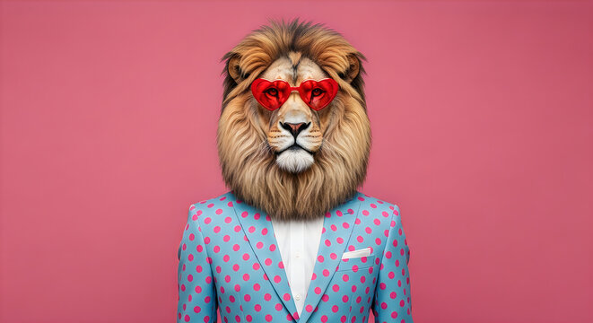 A stylish lion wearing a blue suit and red sunglasses against a pink background