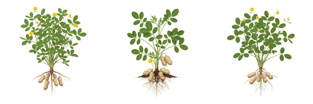 Set of Peanut Plants Arachis Hypogaea with Yellow Flowers and Underground Legumes Isolated Transparent Background PNG